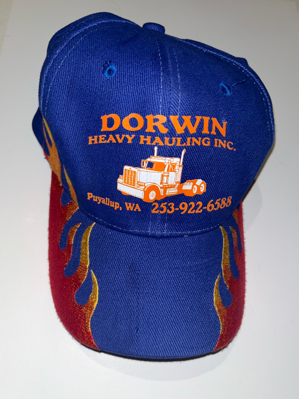 Vintage Dorwin Heavy Hauling Inc. Company Hat Blue & Red Embroidered Flames